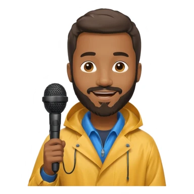 bearded black man with rain coat and microphone sticker