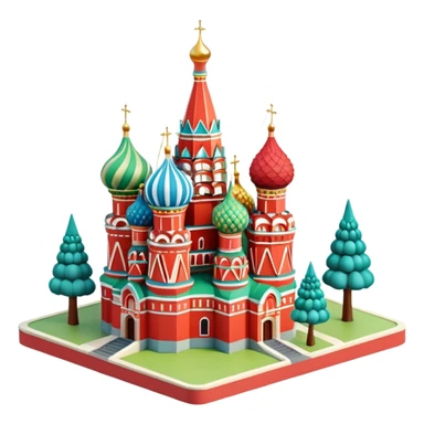 Isometric illustration of Moscow, featuring Saint Basil's Cathedral with its colorful onion domes, Red Square elements, and toy-like trees around, in miniature diorama style, soft shadows and pastel colors. sticker