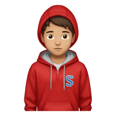 make me an emoji of an americain 19 yearold boy in a red hoodie that says "south" on it and give him with tan skin with his hands in his hands in his pocket not grining flexing his muscles sticker
