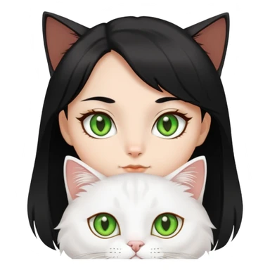 A white jinjila green eyes cat , and a black hair brown eyes girl sticker