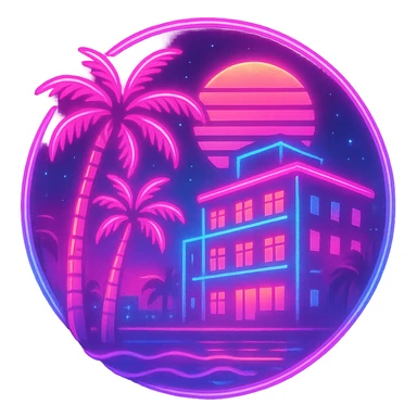 80s Vice City inspired icon with neon pink and blue colors, palm trees, retro Miami vibe, glowing lights, no text, vibrant and retro style sticker