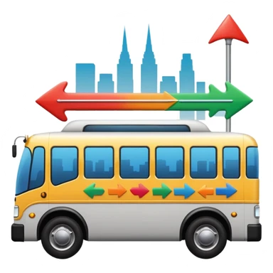 sleek side-profile bus and three colorful arrows leading to city symbols, Apple emoji style sticker
