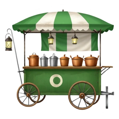 street food wagon with wooden wheels, green and white canopy, food flag, lantern, visible pots and pans sticker