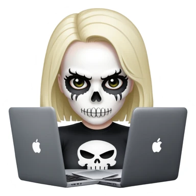 female Punisher skull with eyelashes working on a laptop sticker