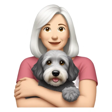 white middle age woman shoulder length hair with hugging my 8 pound Schnoodle  sticker