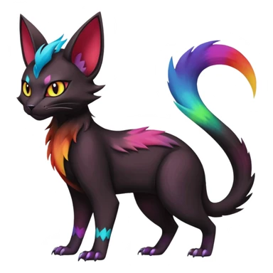 Black with rainbow-markings edgy Noivern-Noibat-Purloin-Torracat-Lykoi-Caracal-cat-Fakemon-fusion-hybrid-creature sticker