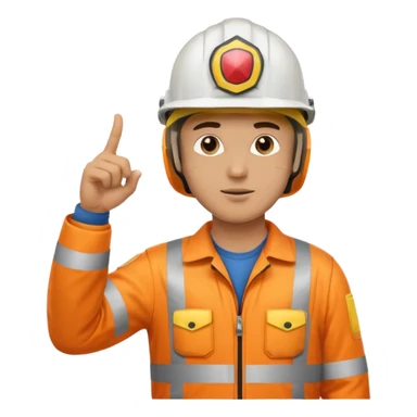 a guy wearing safety outfit with helmet standing and pointing finger to 3 oclock direction sticker