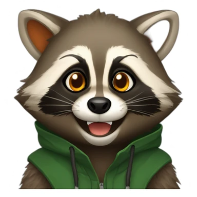 brown raccoon with orange eyes and a dark green hood that is laughing sticker