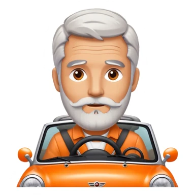 Grey haired bearded man driving an orange Mini Cooper sticker