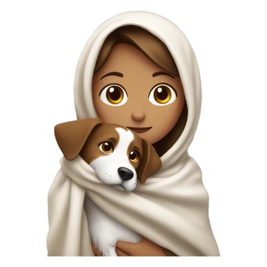 Brown haired girl, wrapped up in a blanket. Holding a brown and white dog. sticker