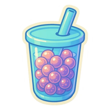 Add even more semi-transparent tapioca pearls to the pastel blue bubble tea cup, making each pearl soft, glossy, and showing clear shadows and highlights for a dimensional look. The pearls should overlap and have visible light reflections, keeping the overall cute retro sticker style. Do not change the cup or straw. sticker