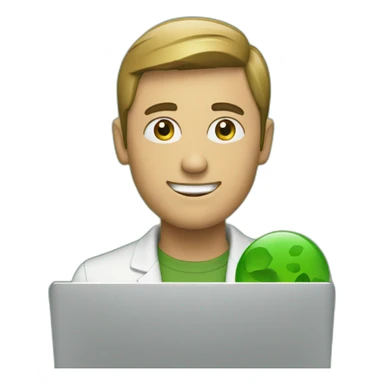 a man with a laptop, green stones in the background sticker