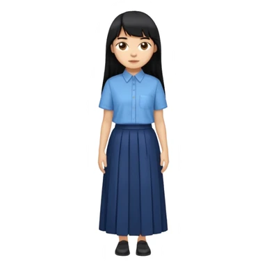 hair : black long hair with fringe 
skin : light 
cloth : oversize light blue shirt + navy long long skirt 
 sticker