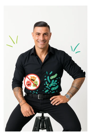 Verticale: uomo sorridente, zona addominale evidenziata con simboli che rappresentano l’eliminazione di parassiti (piccoli mostriciattoli che escono) e la rinascita della flora microbica intestinale (batteri buoni stilizzati, colori verdi e blu), atmosfera di salute e pulizia. sticker