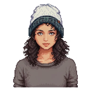 woman with dark curly hair and a beanie sticker