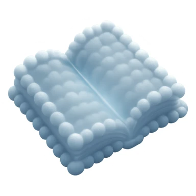 top view of a thick open book made entirely of small, very bright white fluffy convex clouds, matte glass style sticker