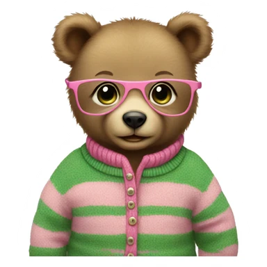 Baby bear wearing glassing and pink, green stripe sweater sticker