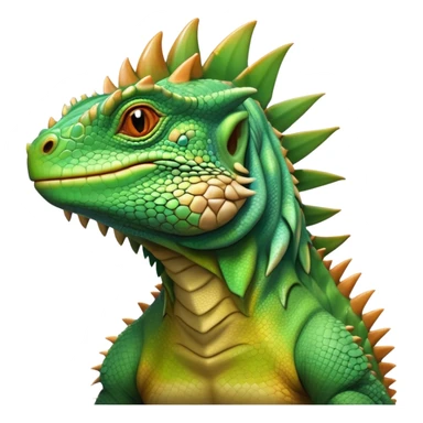 Cinematic Noble Iguana Portrait Emoji, Poised and majestic, with a robust, muscular build and a vibrant, scaly body accented by a prominent spiky crest and keen, observant eyes, Simplified yet sharp and sophisticated features, highly detailed, glowing with a soft, jungle radiance, high shine, intelligent and formidable, stylized with an air of ancient reptilian authority, focused and commanding, soft glowing outline, capturing the essence of a watchful guardian that appears ready to stride out of the screen with effortless might! sticker