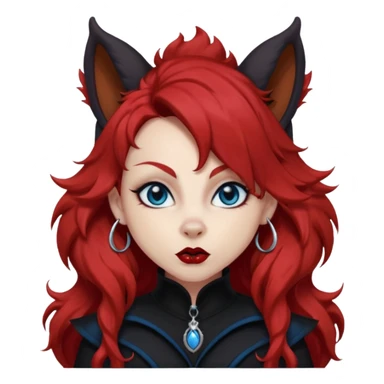  long super curly blood red hair (darker), red pointed squirrel ears with black trim, black goth outfits, body and face human, blue eyes, more pointy chin, black lipstick, one big fluffy red squirrel tail with black tips, close her mouth, less evil looking sticker