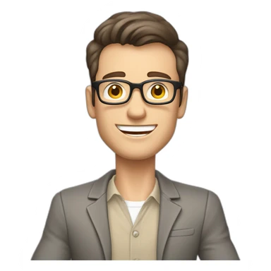 Joyful Celebrating victory Hands up Pale skinned Fit Man With dark brown hair in gray jacket, beige office shirt, Brown pants and vintage glasses sitting In a soft chair sticker