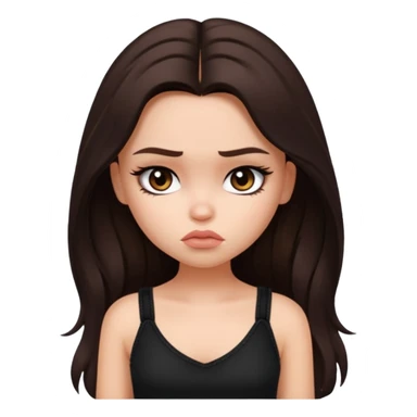 generate a pretty fair bratz girl with long dark brown hair looking sad. Wearing a black cami sticker
