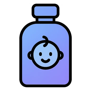 minimalist baby oil bottle, Discord icon style, soft blue and purple gradient, simple and friendly sticker