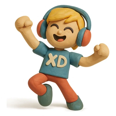 PK XD character, wearing headphones, energetic pose, claymation style sticker