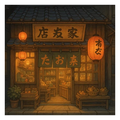 Cozy anime storefront with traditional Asian elements, warm lighting, hanging lanterns, shop sign in Japanese style, Studio Ghibli style sticker