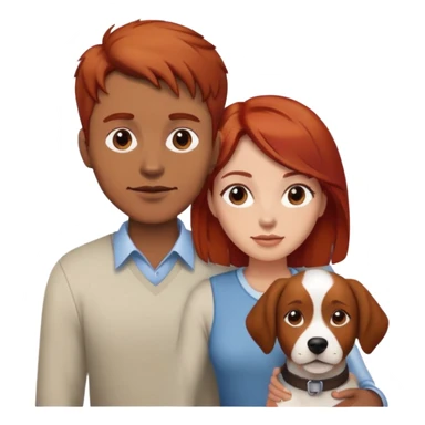 Reds hair man and brown hair woman with a dog sticker