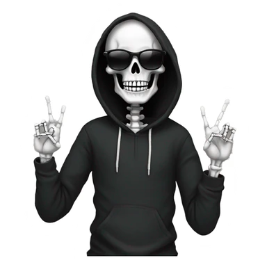 skeleton with sunglasses in black hoodie holding up the peace sign sticker