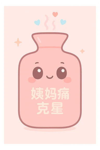 kawaii-style pink hot water bottle with '姨妈痛克星' written on it, steam and hearts rising from the top, exuding warmth and love, symbolizing special care during period days sticker