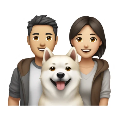Happy Asian couple with White Japanese Akita and brown Multipoo sticker