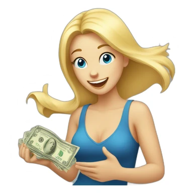 blonde girl with blue eyes rejoices and dances while holding money in her hands sticker