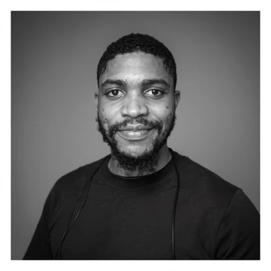 A professional portrait of me in monochrome. Plain black crew neck shirt. Tailored to LinkedIn. Tech boy vibe (programmer). I’m a black man from Nigeria. Retain facial features from attached image. sticker