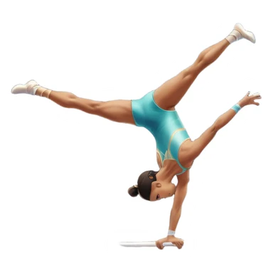 Professional gymnast performing a complex routine on parallel bars, demonstrating strength, control, and perfect balance. The gymnast is mid-air, executing a powerful move with focused concentration. The background shows a brightly lit gymnasium with a cheering audience. sticker