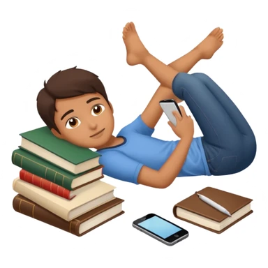 emoji student lying with phone instead of studying, lazy, books, white background, sticker