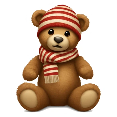 🧸full body teddy bear sitting down with a beige and red striped scarf on with a red beanie on that has a puff. sticker