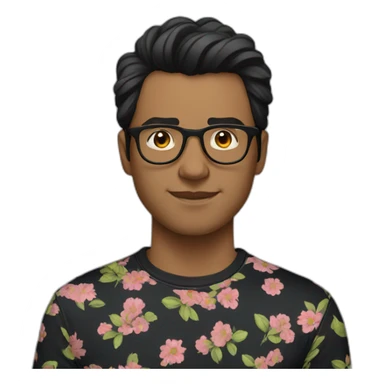 striking up dark hair guy wearing glasses and dark t-shirt with flowers print sticker