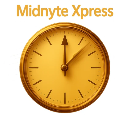 Add a sense of motion to the clock hands with motion blur or dynamic lines, while keeping the glowing effect and realistic style. The text 'Midnyte Xpress' should remain above. Maintain a transparent background. sticker