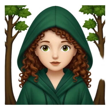 A white woman, a little thicker, with long dark auburn hair robed and hooded like she's a Traitor in the tv show The Traitors. her hair is mostly curly (kinda frizzy, not clean curls) and the robe is a dark dark forest green green sticker