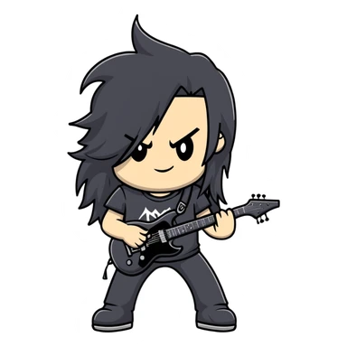 A metalhead with long flowing black hair, wearing a black heavy metal t-shirt, smirking confidently sticker