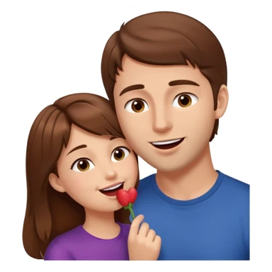 There is a girl with brown hair standing next to her, a tall man with brown hair, and the girl passionately licks his cheek sticker