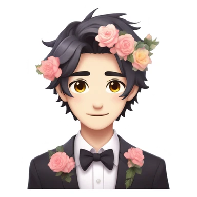 Gorgeous romantic anime style Asian formal modern gentlemanly guy with cat ears and flowers and blushing face aesthetic trending style outside with colorful gradient colors sticker
