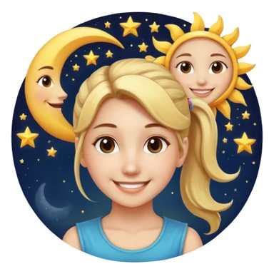 An Emoji of girl with ponytail, who can be described by three words: sun, moo, star sticker