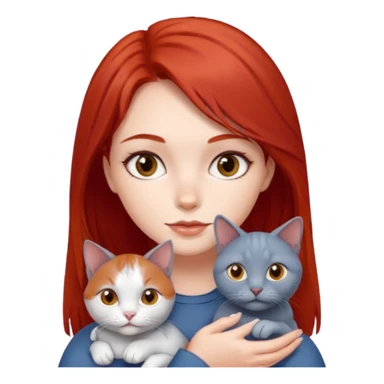 White skin girl, red hair, brown eyes holding one Russian Blue cats sticker