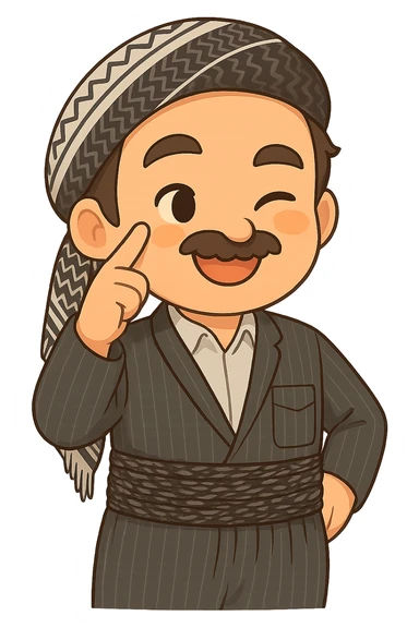 Cartoon sticker of a Kurdish man with the same clothes and scarf as the reference image, no changes to clothes or scarf. Face with a winking eye and smile expression similar to the 😉 emoji. Hand next to the face with the index finger near the eye. Colorful and cheerful, no shadows or color halos around the image, no text, fully transparent background, suitable for WhatsApp and Instagram. sticker
