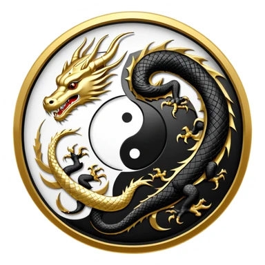 An icon symbolizing Eastern martial arts in the style of an emblem, featuring a black-and-white Yin-Yang symbol and a dragon at the center, surrounded by elements like a dojo. Transparent background highlights balance and power. sticker