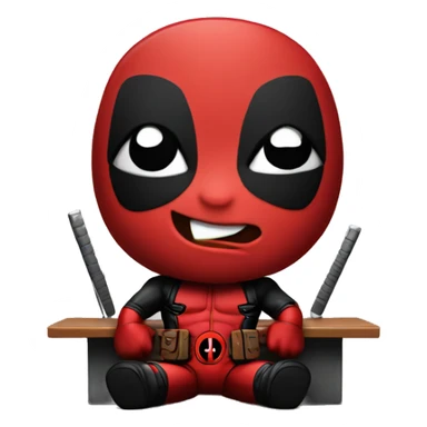 Cute Deadpool sitting at a desk, front view sticker