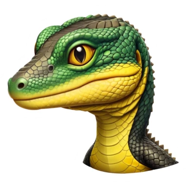 cinematic-realistic-cute-monitor-lizard-portrait-emoji,-head-tilted-playfully-and-inquisitively,-featuring-a-compact,-agile-body-with-finely-detailed,-glossy-scales-in-earthy-black and yellow-hues-and-a-distinct,-alert-face-with-bright,-curious-eyes, black , yellow spotted and green band  scales and a slender neck sticker
