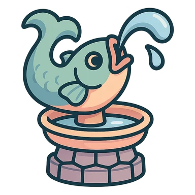 cute small fish-shaped fountain with water stream flowing from its mouth, eastern style, detailed drawing with shadows and highlights, thin clean outlines, soft rounded shapes, pastel palette #98B5BC, #B5B3C1, #C9A3C9, #E4C0CA, #F7DCD1, #F7C0AA, modern Japanese pop art and sticker aesthetics, soft lighting, transparent background sticker